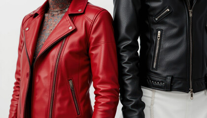 Red and black leather jackets, close-up, studio shot, fashion	
