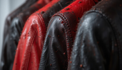 Red and black leather jackets, close-up, studio shot, fashion	
