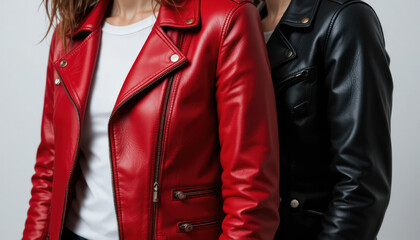Red and black leather jackets, close-up, studio shot, fashion	
