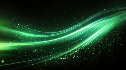 Glowing green abstract wave with flowing lines and scattered particles creating a dynamic and futuristic motion effect