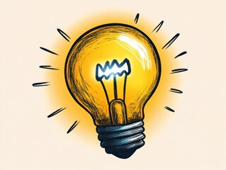 Illustration of a glowing yellow light bulb with black sketch lines radiating light, symbolizing a bright idea or creativity