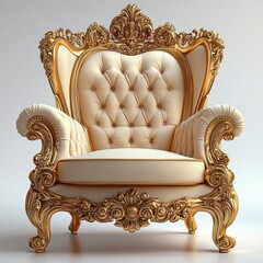 Luxurious ornate armchair with intricate golden carvings and tufted cream upholstery evoking elegance and regal comfort