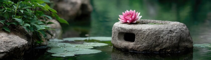 Fototapeta premium Koi pond with lantern and minimalism by rock concept. A serene lotus flower resting on a stone in serene water.