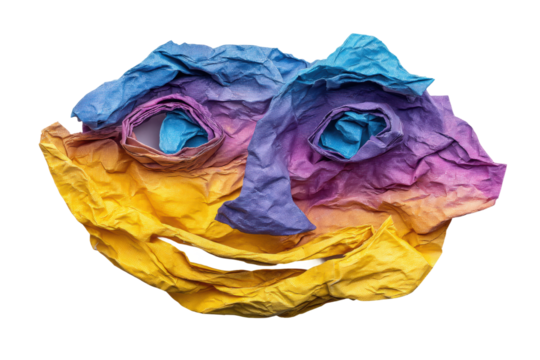 Colorful abstract face made of crumpled paper with smiling expression, cut out - Powered by Adobe