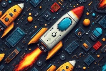 Rocket launch, tech background, innovation, startup