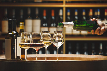 Person Hand Pouring Sparkling Wine Into Glass in Cellar, Close up