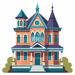 Fototapeta premium Classic Victorian-style house illustration with ornate details, ideal for real estate, architecture, and historical design themes.