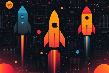 Three rockets launching, tech background, innovation