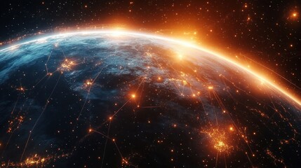 Glowing Earth viewed from space with illuminated networks and connected points representing communication or data flow under a starry sky