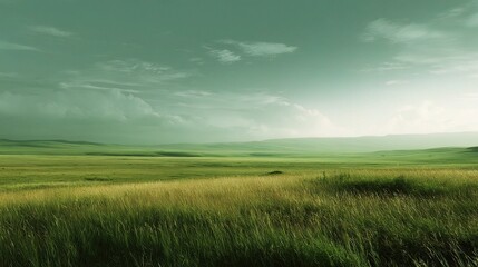 Fototapeta premium Tranquil Green Grassland Panorama Under a Soft Tinted Sky