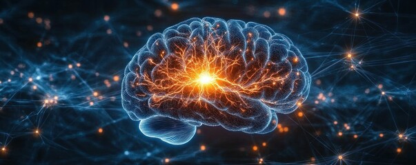Digital illustration of a human brain with glowing neural connections and electrical impulses symbolizing brain activity and neural networks