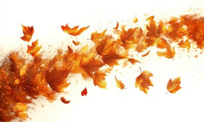 Cluster of vibrant orange and golden autumn leaves swirling through the air against a bright white background, conveying motion and seasonal change