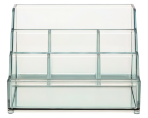 Acrylic display organizer with multiple compartments for storage on a transparent background