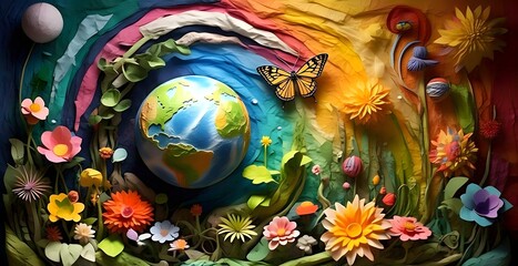 Earth protected from a solar storm, magnetic field lines surrounding the Earth deflecting high-energy solar particles in front of a colorful butterfly and the fresh garden in quilling paper style.