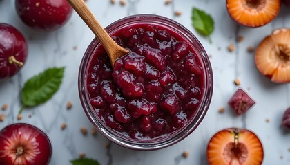 A vibrant jar of homemade plum jam glistening with sweetness stirred with a wooden spoon evokes cozy kitchen vibes under