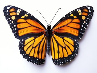 Obraz premium close-up of a bright orange and black butterfly with white spots on its wings resting on a white surface
