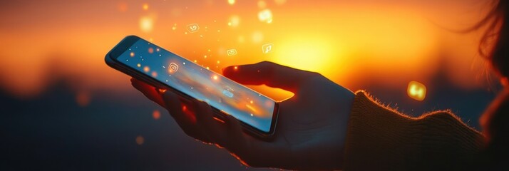 Close-up of a hand holding a smartphone with glowing app icons floating above the screen against a vibrant orange sunset background