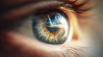 Close-up of human eye with distant horizon sharply focused through pupil, symbolizing vision boundaries and perspective, shallow depth of field. Concept of seeing beyond limits and exploring new horiz