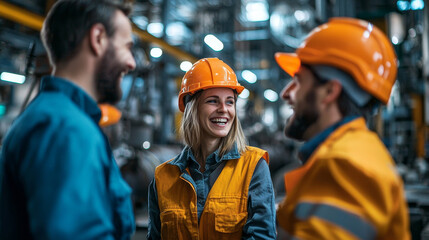 workers talking and laughing at a factory