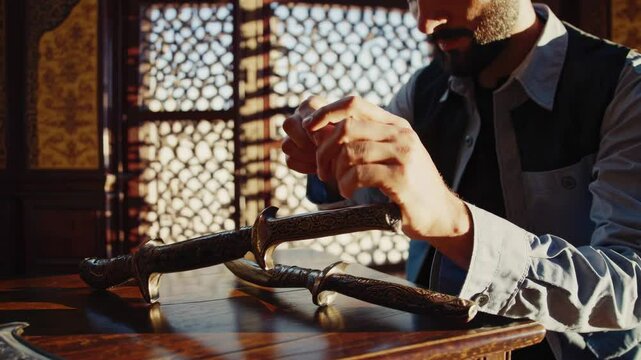 Expert restoring ancient eastern daggers in luxurious palace