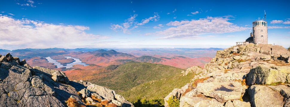 Panoramic view of Whiteface Mountain summit with Weather Observatory in the Adirondack Mountains, New York