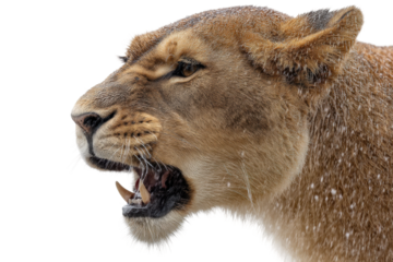 Close-up of roaring lioness in profile view with wet fur and sharp teeth, cut out