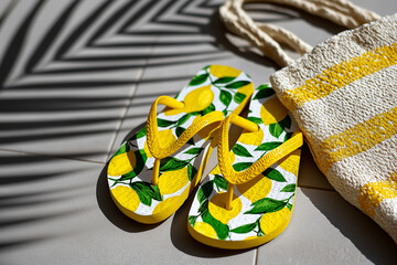 Top-down photo of lemon-patterned flip-flops placed on a tiled floor with shadows from leaves, beach bag nearby, Amalfi summer detail shot, 