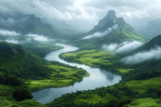 A serene winding river flows through lush green valleys surrounded by mist-covered mountains under a cloudy sky