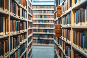 Narrow aisle between tall white bookshelves filled with organized hardcover books in a quiet library space