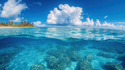 Calm tropical beach scene with clear blue water showing coral reefs underwater, lush greenery and palm trees on the shore, under a bright blue sky with fluffy white clouds