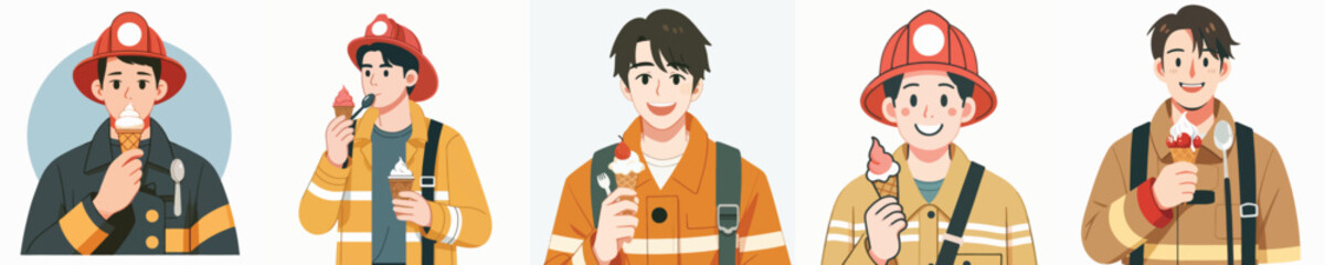 firefighter character vector eating ice cream