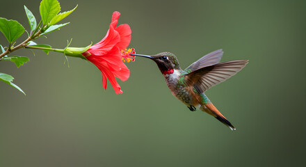 Fototapeta premium Hummingbird Feeding on Hibiscus Flower