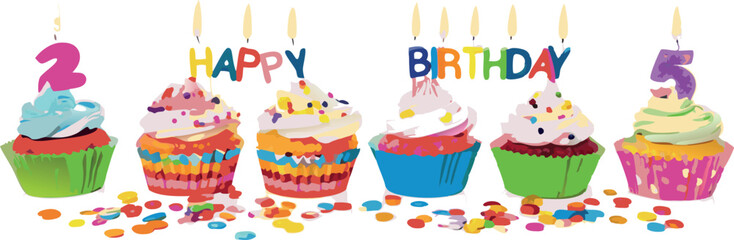 Cupcakes arranged with Happy Birthday letters on top.