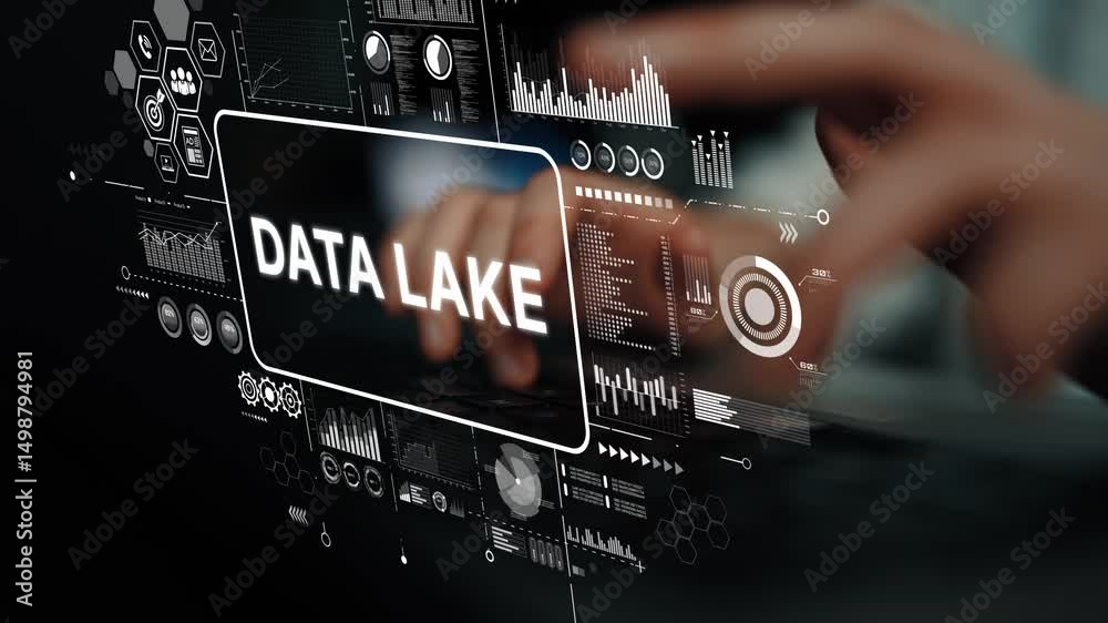Poster Visual Representation of Data Lake Concept with User Hands Engaging with Digital Interface and Graphs. Asymptotic smart data analytic.