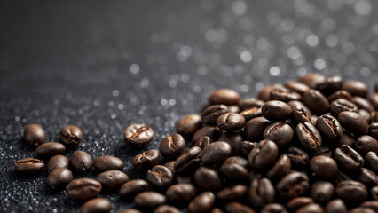 Pile of roasted coffee beans on a dark textured surface with bokeh
