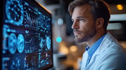 Focused male doctor or scientist analyzing complex brain scans and medical data on a large illuminated monitor in a modern laboratory setting