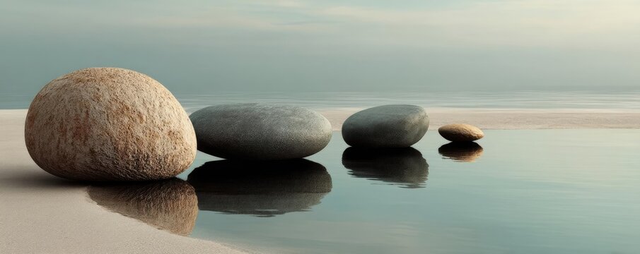 Water reflection with harmony and minimalism in rock concept. Calm beach scene with smooth stones reflecting in still water.