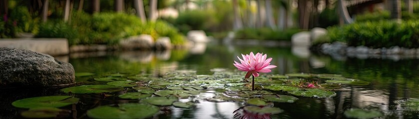 Fototapeta premium Nature meditation in peaceful meditation with lotus concept. A serene water lily floats gracefully on calm waters.