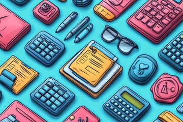 Colorful office supplies flat lay;  background, paperwork, calculations