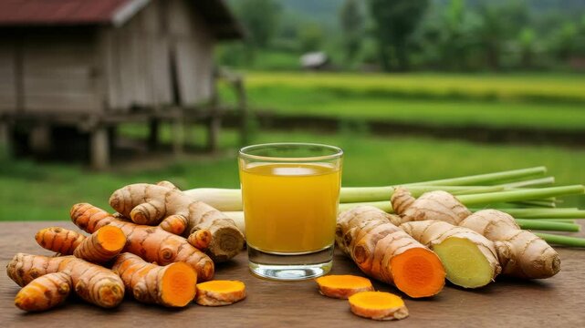 Making refreshing turmeric and ginger juice with fresh ingredients in a lush rural landscape