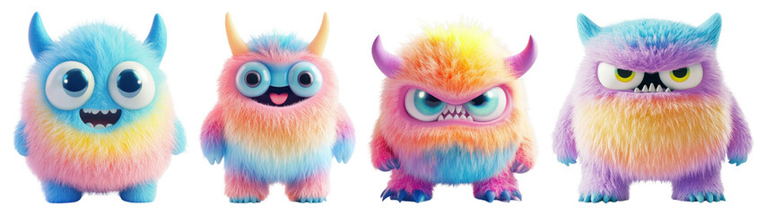 Fototapeta na wymiar PNG Colorful fluffy monster characters, element set on transparent background