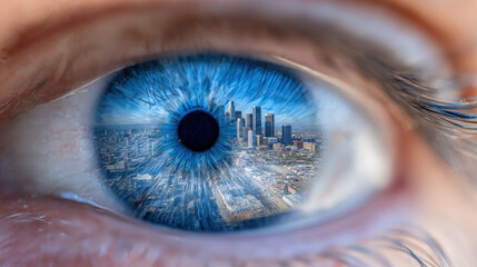 Close-up of human eye with distant horizon sharply focused through pupil, symbolizing vision boundaries and perspective, shallow depth of field. Concept of seeing beyond limits and exploring new horiz