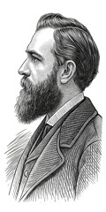 Engraved vintage-style portrait of a bearded man in profile, wearing a classic suit with intricate line detailing