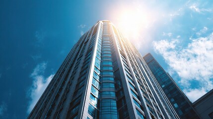 Fototapeta premium Modern Office Tower Reaching Towards Bright Blue Sky Under Sunlight