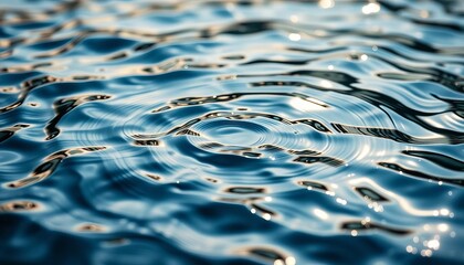 Intricate water ripples, shimmering reflections, abstract close-up, tranquility, aquatic