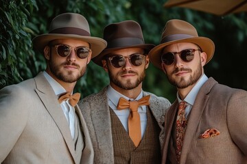 Three stylish men wearing vintage-inspired suits, bow ties, and fedoras, posing confidently outdoors with sunglasses, surrounded by greenery and warm lighting
