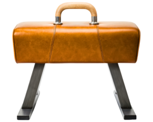 Stylish leather gymnastics pommel horse with sturdy metal legs on a transparent background