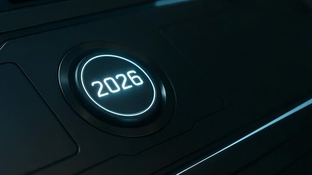 Close-up of a button displaying the year 2026 on a black panel