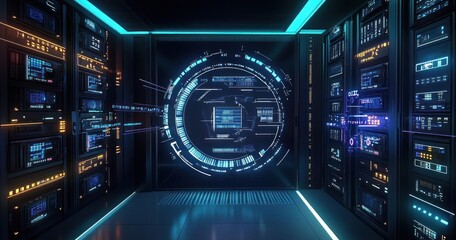 futuristic data center with glowing servers and a large circular digital interface on a dark wall, emitting blue and orange light in a modern high-tech environment