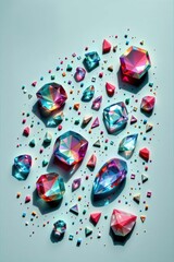 serene prism fragments in an abstract style on a muted aqua background, with rich contrast, indirect light, high resolution